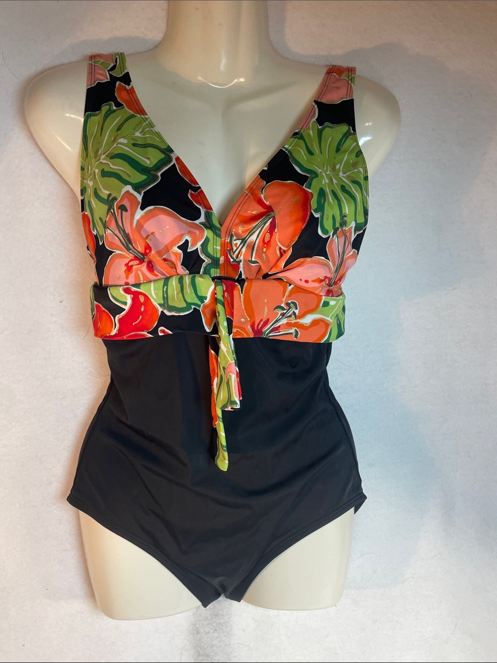 Tropical Floral V-Neck One-Piece Swimsuit - Black & Orange RoxAnne